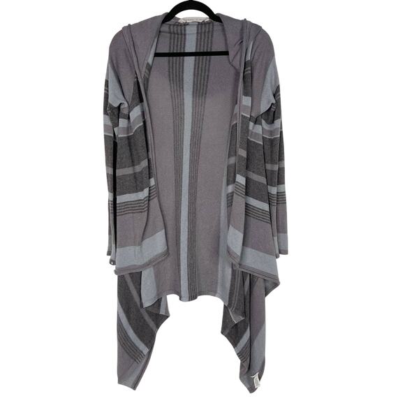 Athleta XS Gray Striped Cotton Cashmere Draped Open Front Cardigan Sweater Hood - Picture 1 of 8
